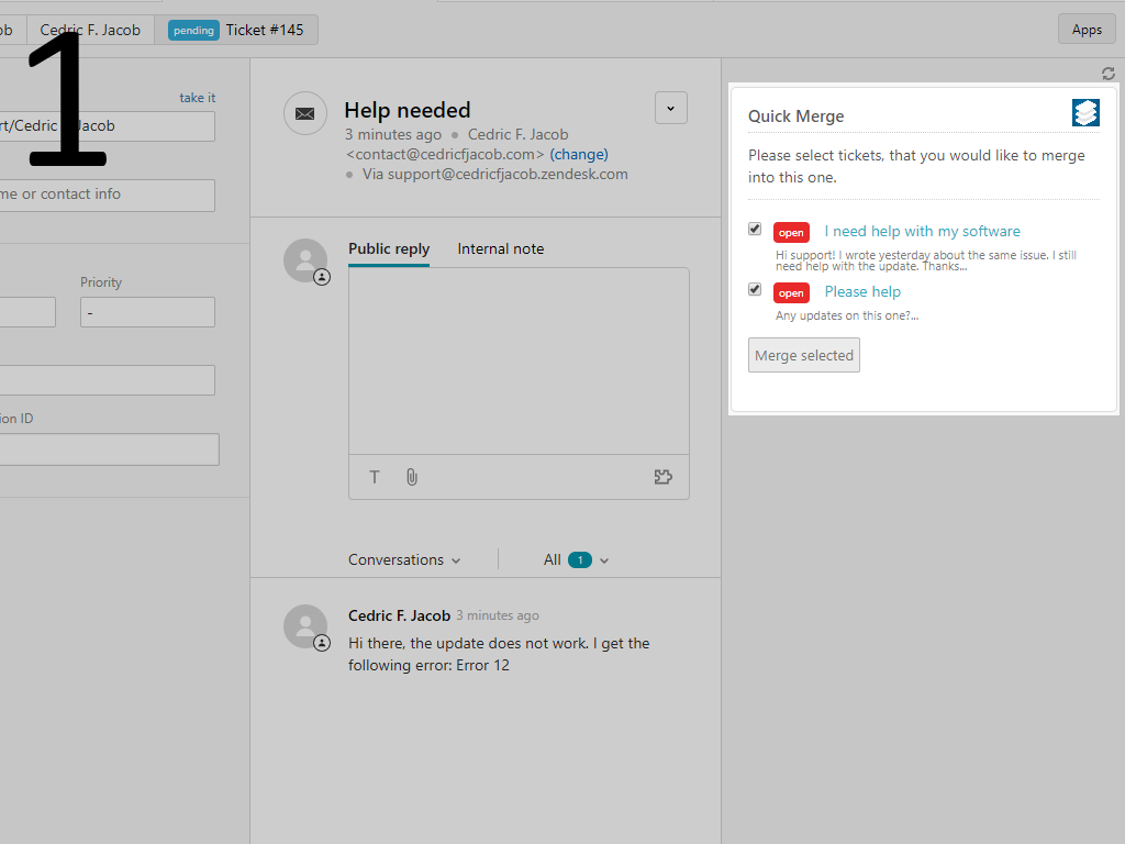 Quick Merge primary marketing image — Agent Productivity app on the Zendesk Marketplace